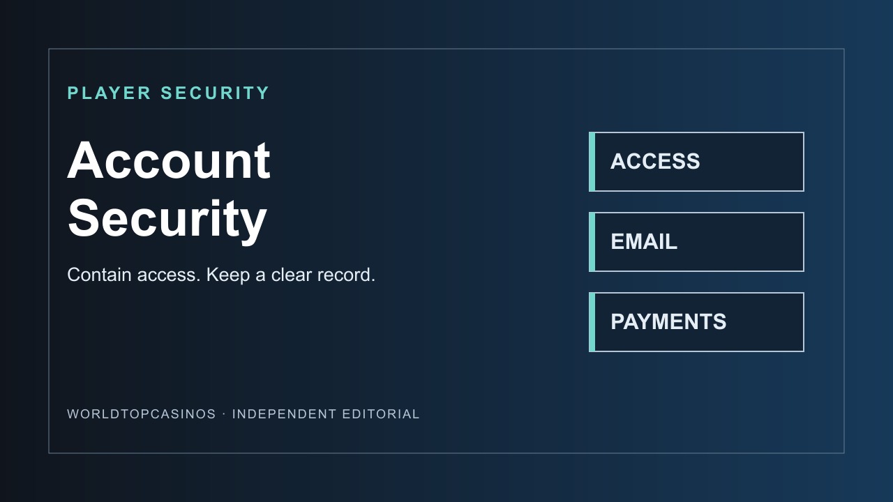 Editorial title card: Account Security, with access, email and payment protection labels.