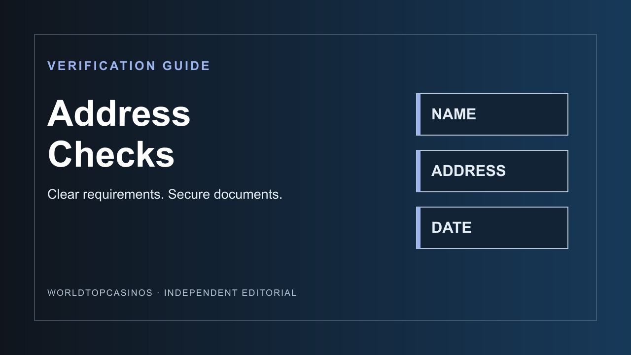 Editorial title card: Address Checks, with name, address and document-date labels.