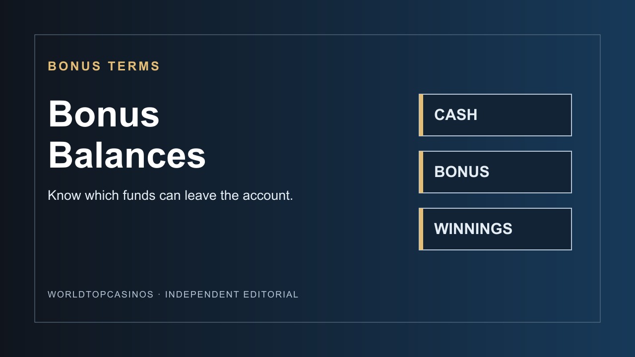 Editorial title card: Bonus Balances, with separate labels for cash, bonus and winnings.