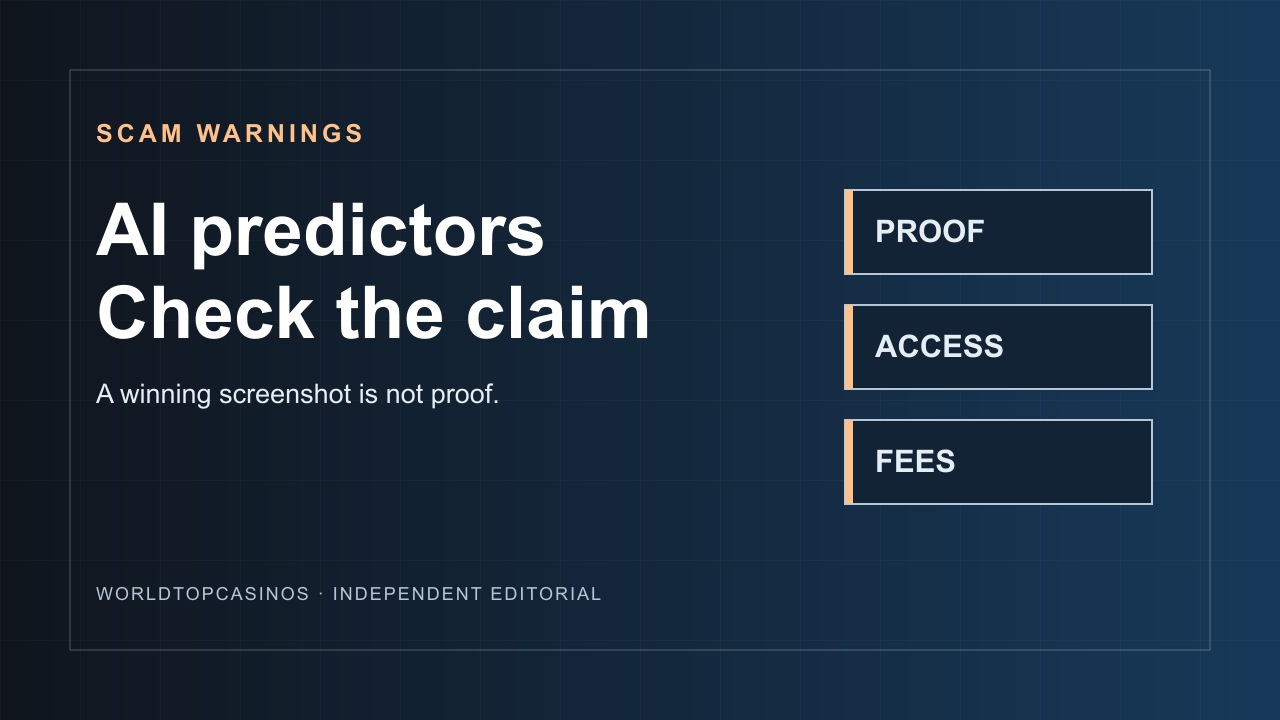 WTC title card reading AI predictors, Check the claim, with labels Proof, Access and Fees.