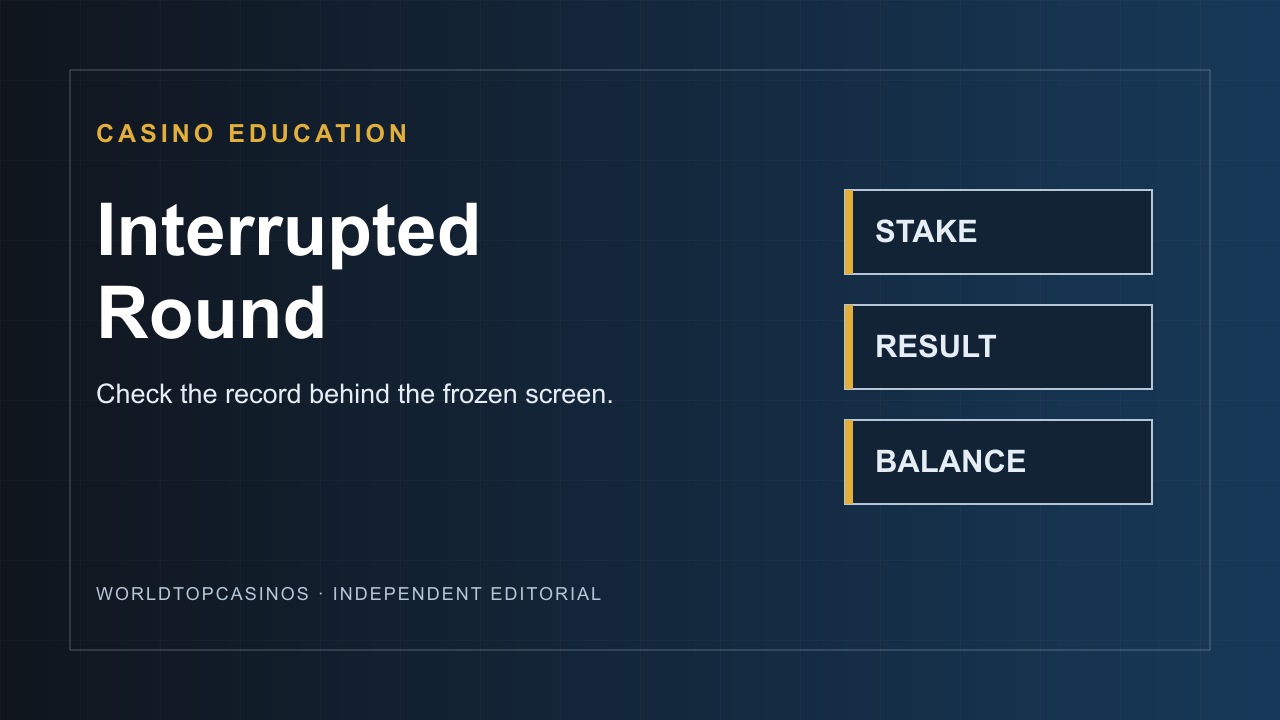 Editorial graphic reading “Interrupted Round” beside a round record with stake, result and balance fields.