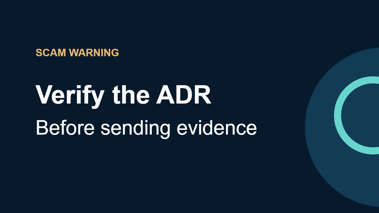Editorial card showing an ADR name being checked against an official register before documents are sent.